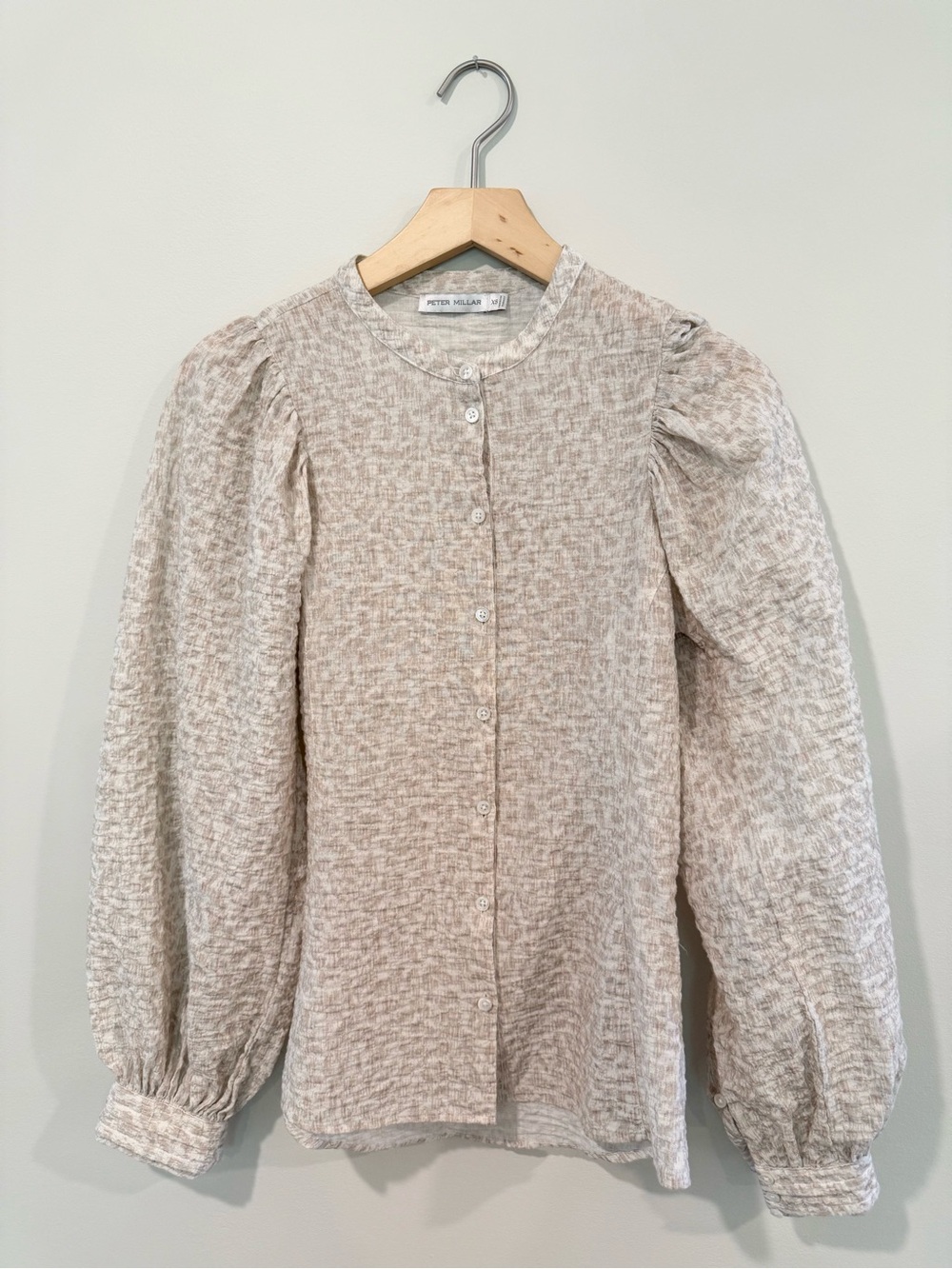 Peter Millar Women’s XS Cream/Beige  Woven Blouse Round Neck Puff Sleeve Button